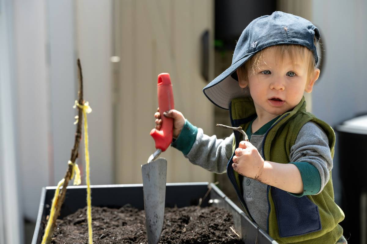 Infographic showing three toddler garden zones: active play (slide, sandbox), quiet zone (reading nook, soft grass), and exploration (sensory plants, low statues)